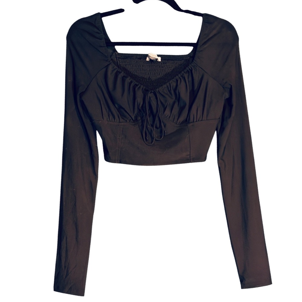 American Eagle Black Corset Crop Top M Ruched Tie Front Long Sleeve Y2K Coquette